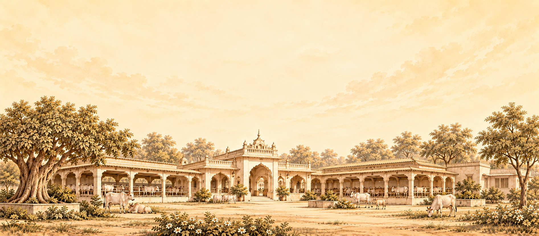 Sepia concept illustration of a traditional Braj gaushala with open cattle shelters and clear sky