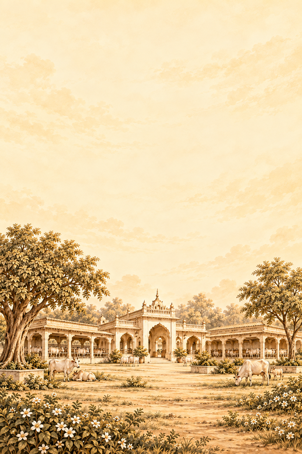 Sepia concept illustration of a traditional Braj gaushala with open cattle shelters and clear sky