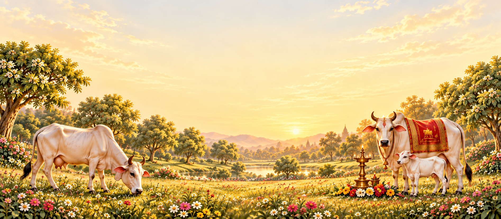 White desi Gau Mata and a calf in a flowering Braj meadow beneath clear golden sky
