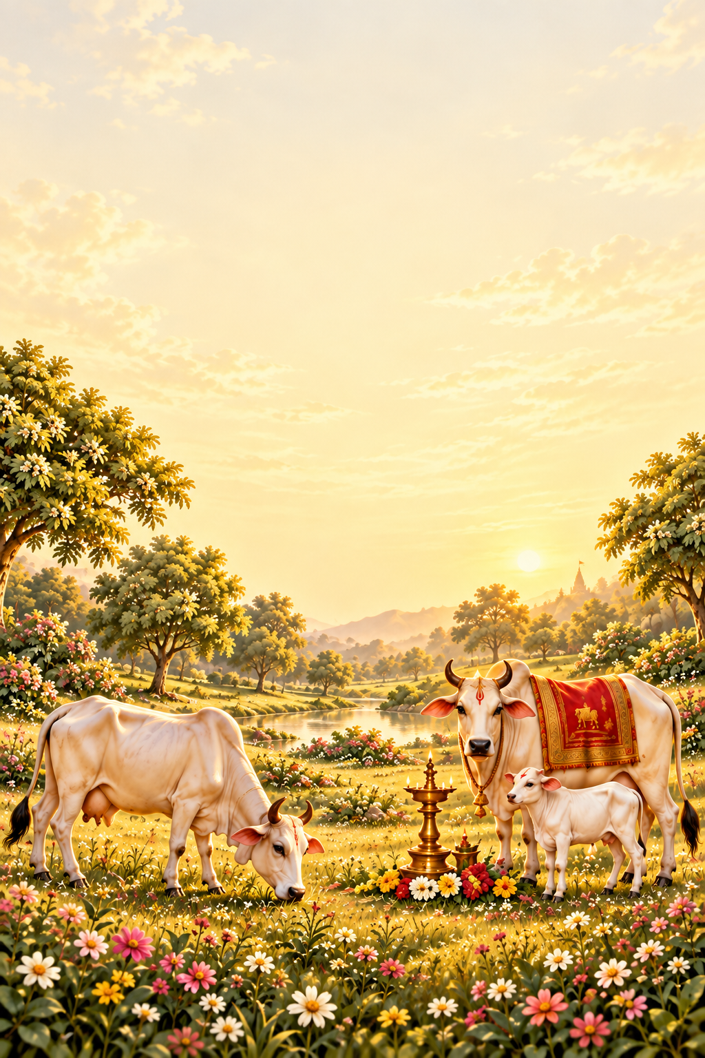 White desi Gau Mata and a calf in a flowering Braj meadow beneath clear golden sky