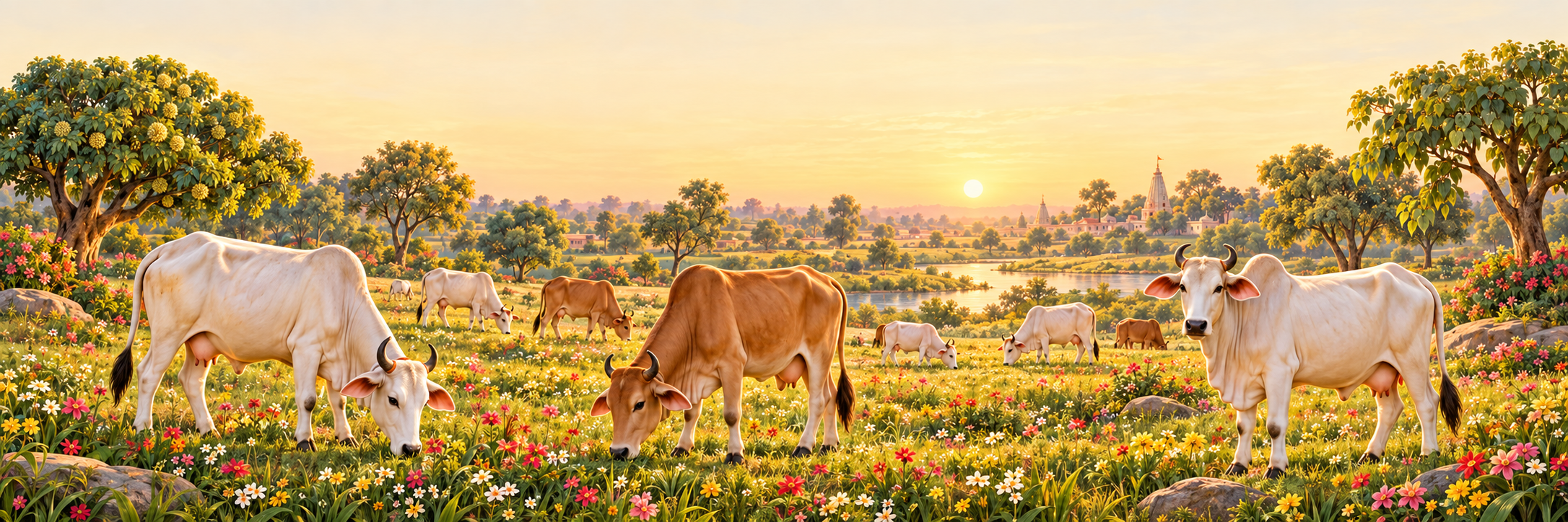 Gau Mata grazing freely beneath the trees in an open Braj pasture
