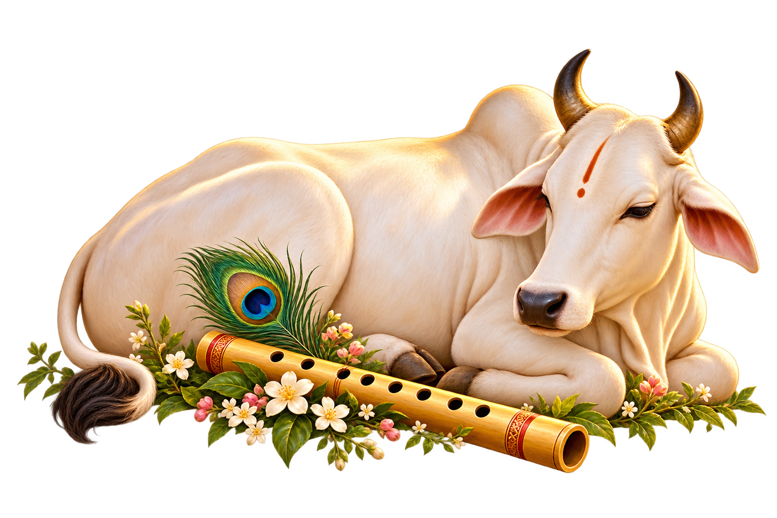 Gau Mata, a peacock feather and Krishna’s flute