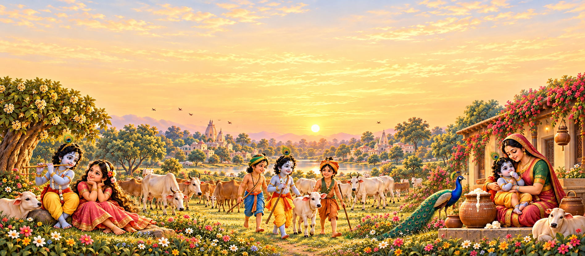 Krishna, Radha, cowherd children, Yashoda and Gau Mata in Nandgaon