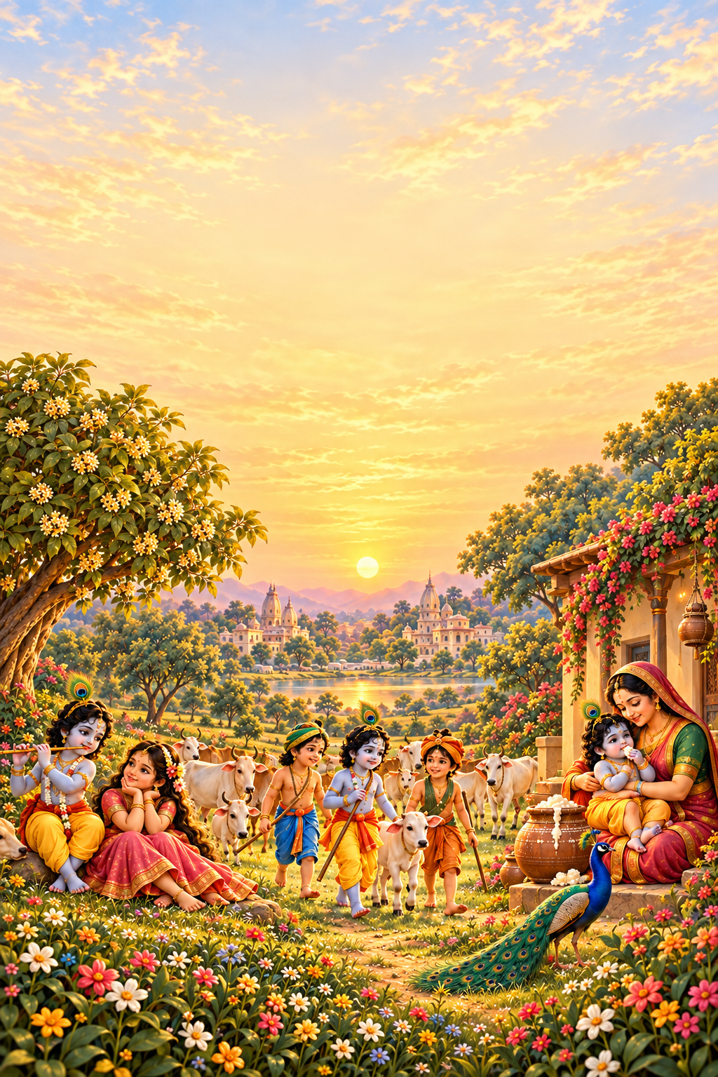 Krishna, Radha, cowherd children, Yashoda and Gau Mata in Nandgaon